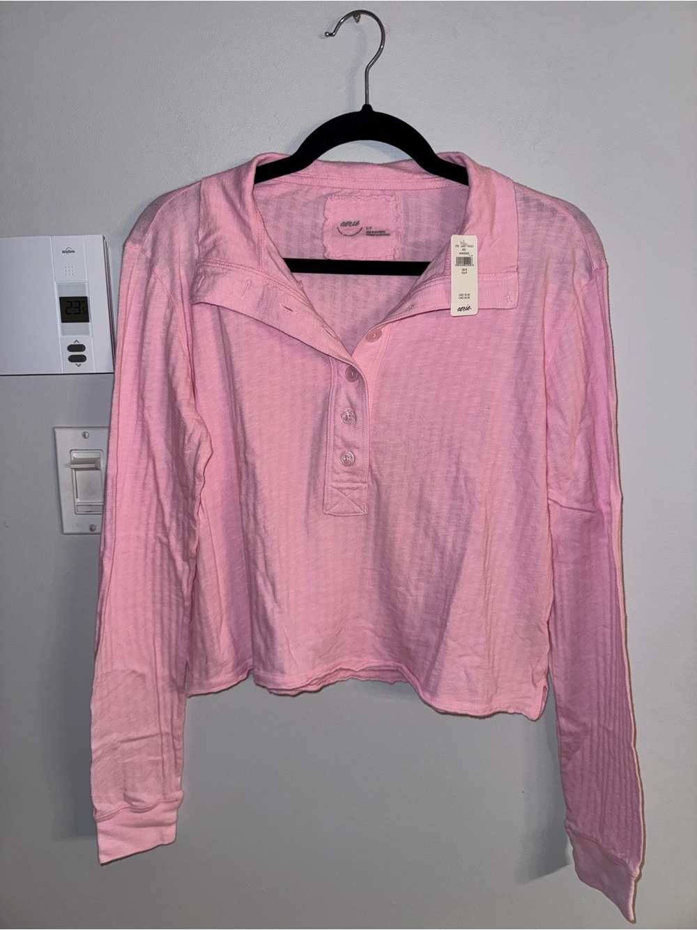 aerie Pink Ribbed Henley Top with Buttons - Picture 2 of 4